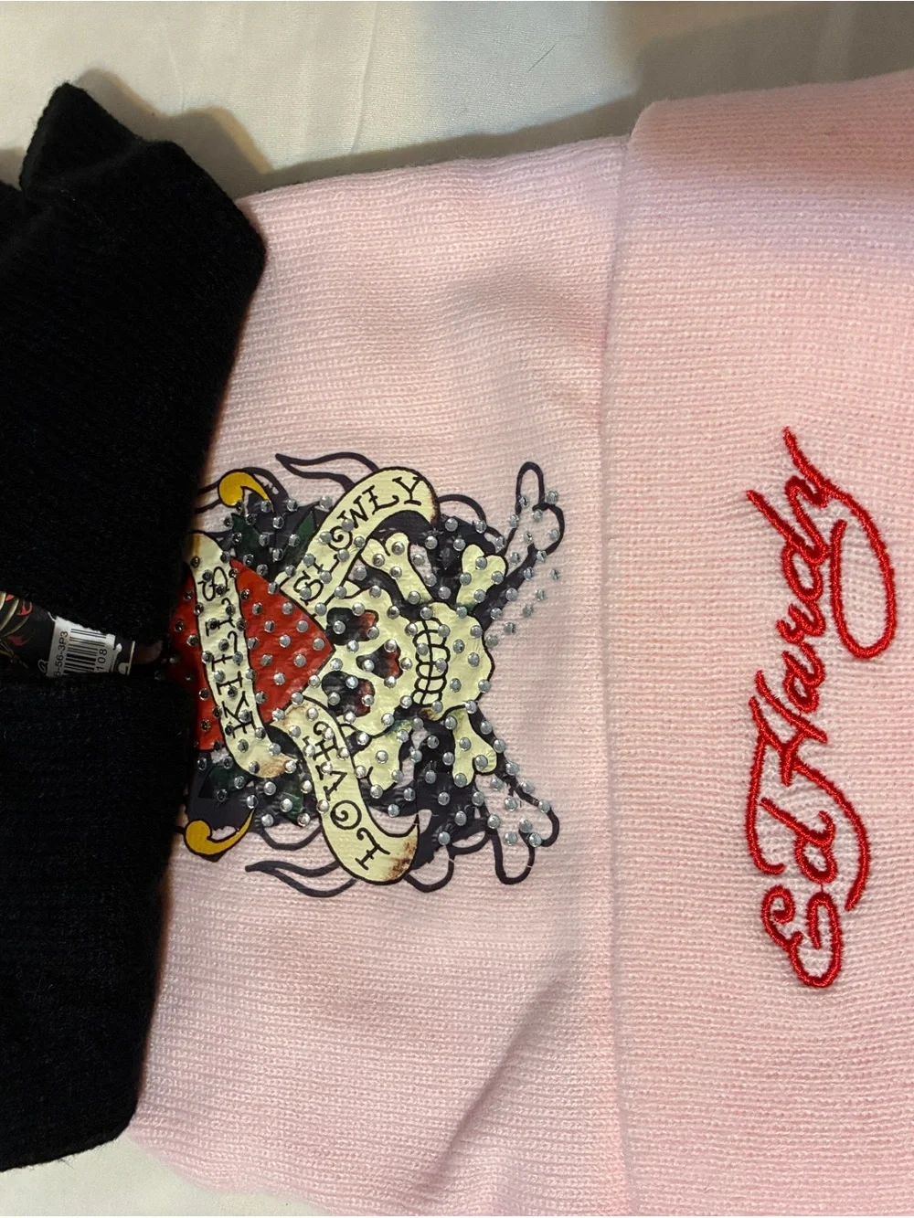 Ed Hardy Black Checkered and Pink Beanie with Floral Patch with gloves